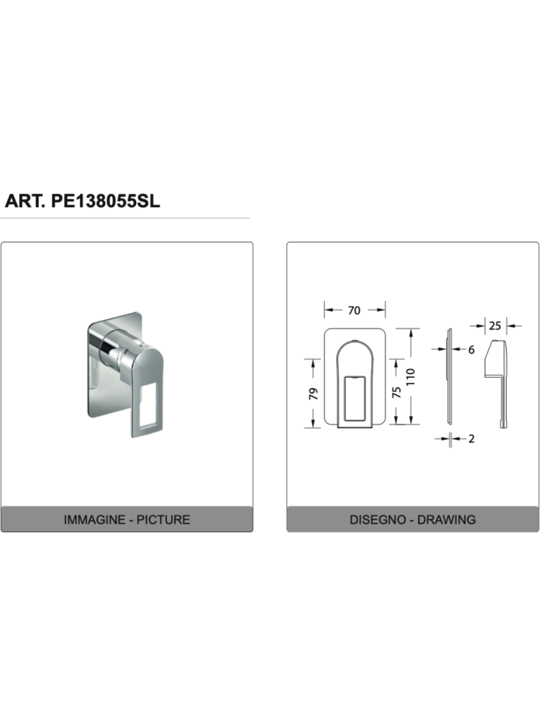 Eurorama Miscelatore Doccia Incasso Con Deviatore 2 Uscite  Serie FLUE PE138030SL + 730330 disegno tecnico