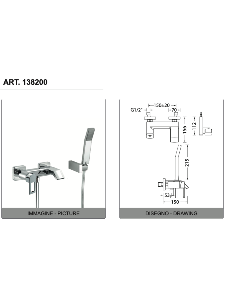 Eurorama Miscelatore Vasca Serie FLUE 138200 con doccetta e flessibile 1,50 m disegno tecnico