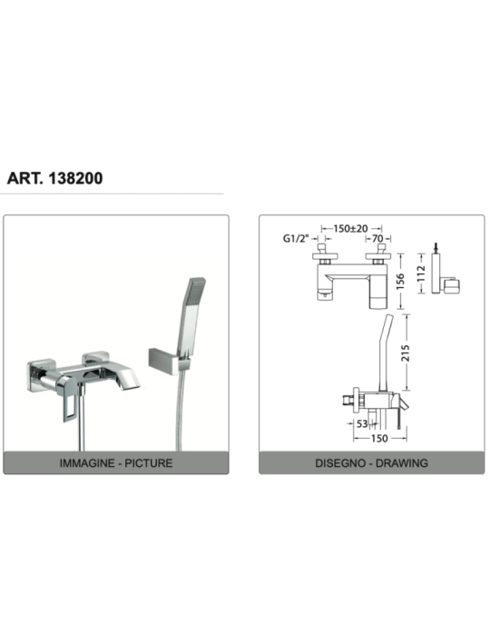 Eurorama Miscelatore Vasca Serie FLUE 138200 con doccetta e flessibile 1,50 m disegno tecnico