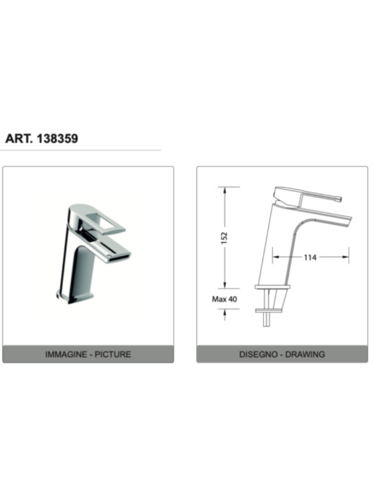 Eurorama Miscelatore Lavabo Serie FLUE 138309 con scarico 1"1/4  CLICK CLACK Disegno tecnico