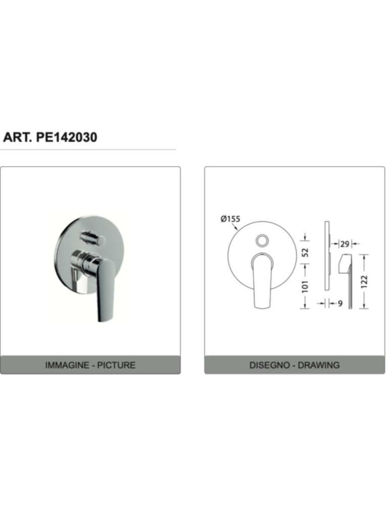 Eurorama Miscelatore Doccia Incasso Con Deviatore 2 Uscite  Serie KLINT PE142030 + 730330 disegno tecnico