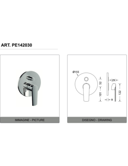 Eurorama Miscelatore Doccia Incasso Con Deviatore 2 Uscite  Serie KLINT PE142030 + 730330 disegno tecnico