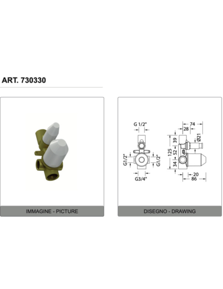 Eurorama Miscelatore Doccia Incasso Con Deviatore 2 Uscite  Serie KLINT PE142030 + 730330 schema tecnico
