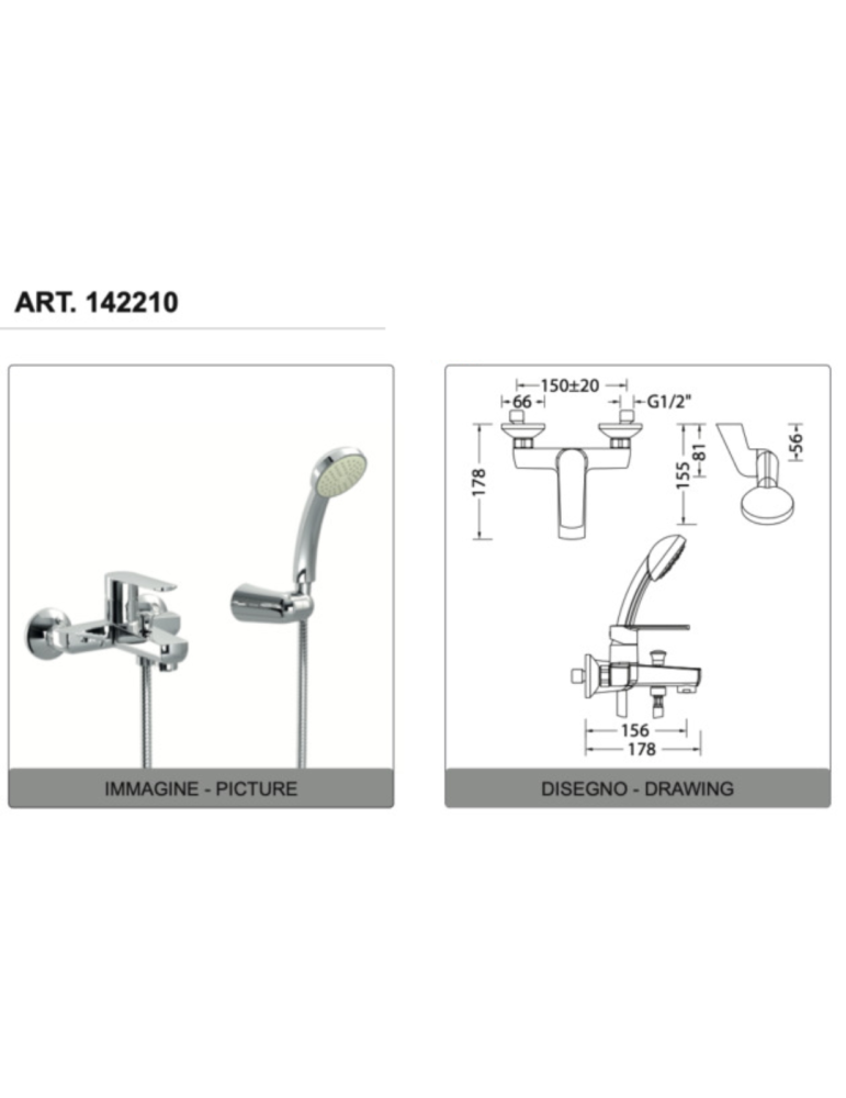 Eurorama Miscelatore Vasca Serie KLINT 142210 con doccetta e flessibile 1,50 m dati tecnici