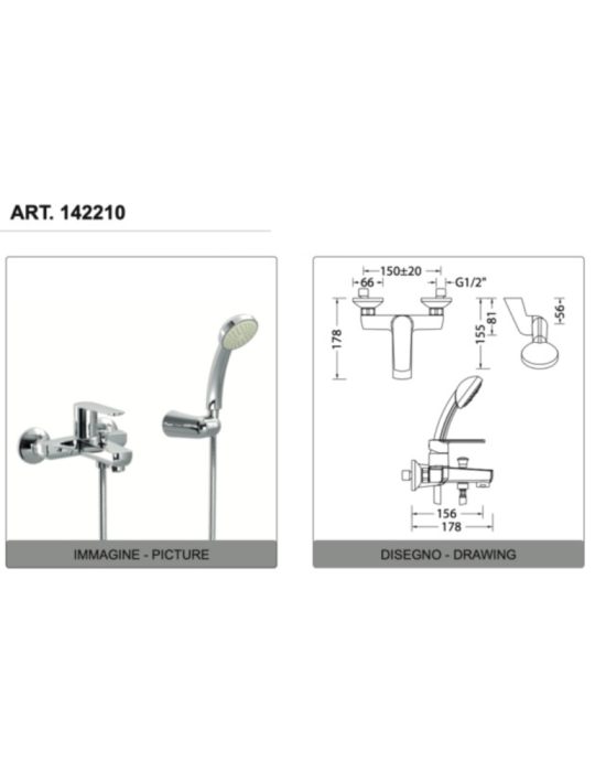 Eurorama Miscelatore Vasca Serie KLINT 142210 con doccetta e flessibile 1,50 m dati tecnici