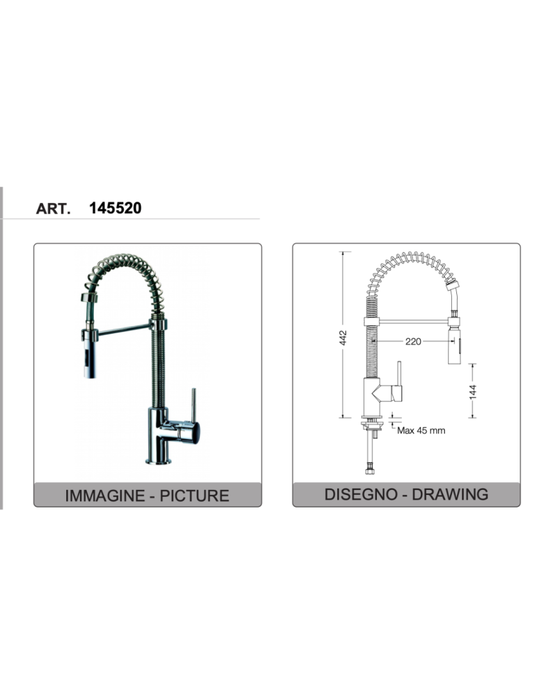 Eurorama Miscelatore Lavello con Molla e Doccetta 145520 disegno tecnico