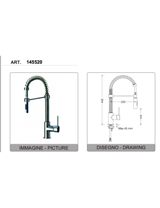 Eurorama Miscelatore Lavello con Molla e Doccetta 145520 disegno tecnico