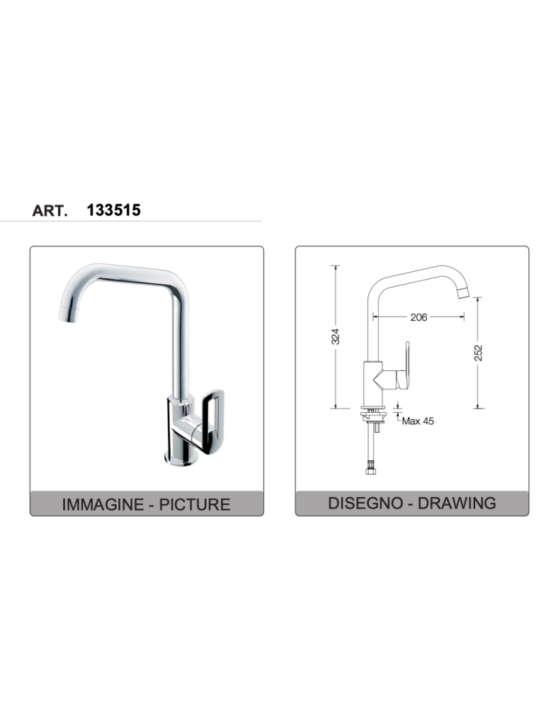 Eurorama Miscelatore Lavello Neva Bocca Girevole 133515 disegno tecnico