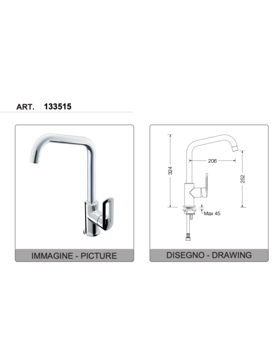 Eurorama Miscelatore Lavello Neva Bocca Girevole 133515 disegno tecnico