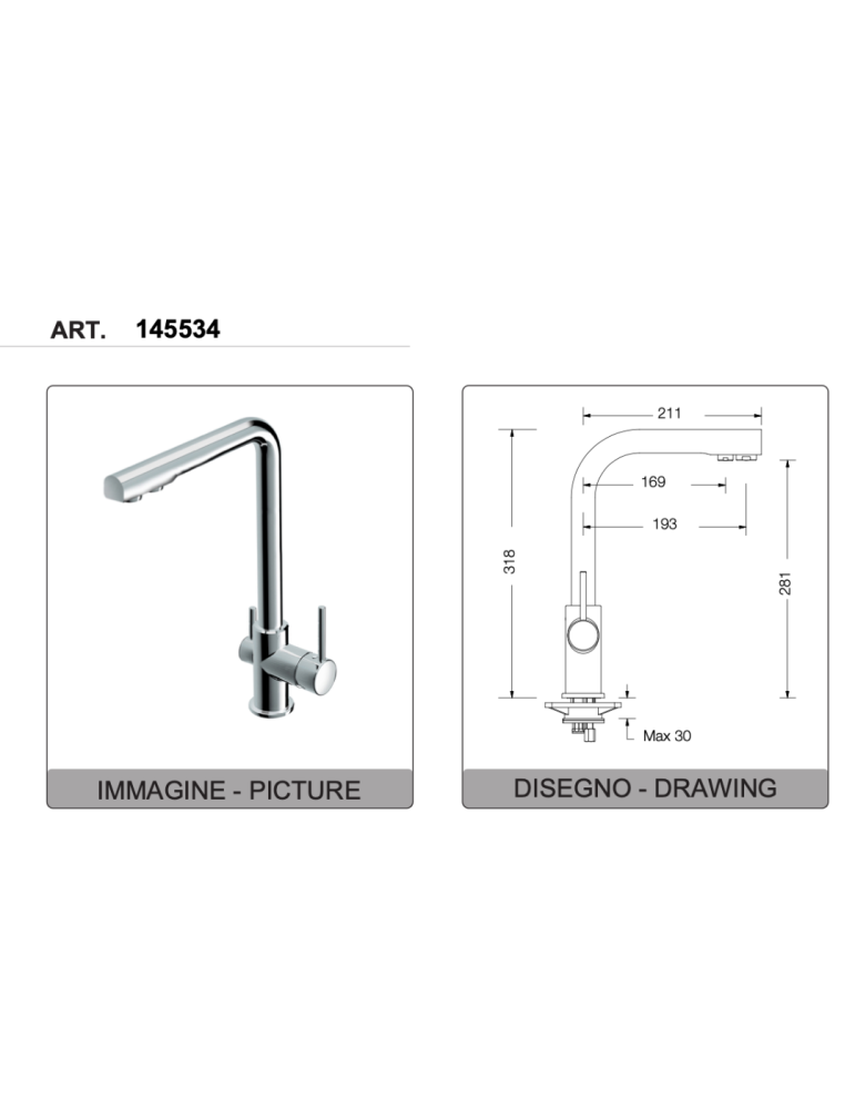 Eurorama Miscelatore Lavello con Attacco Acqua Depurata 145534 disegno tecnico