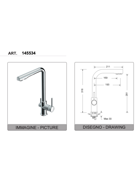 Eurorama Miscelatore Lavello con Attacco Acqua Depurata 145534 disegno tecnico