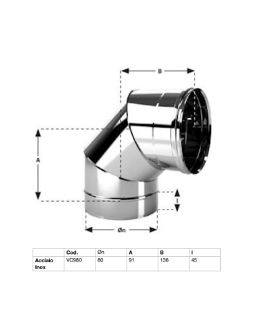 Courbe de Cheminée en Acier Inoxydable Aisi 304 BA Épaisseur 0,44 mm. 90°. Ø80 Conf. 4 pièces