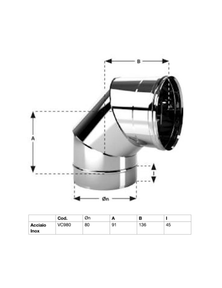 Courbe de Cheminée en Acier Inoxydable Aisi 304 BA Épaisseur 0,44 mm. 90°. Ø80 Conf. 4 pièces