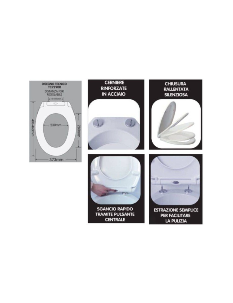 Coprivaso Universale Coming Termoindurente Soft Close Bianco Cerniere Acciaio Inox Info